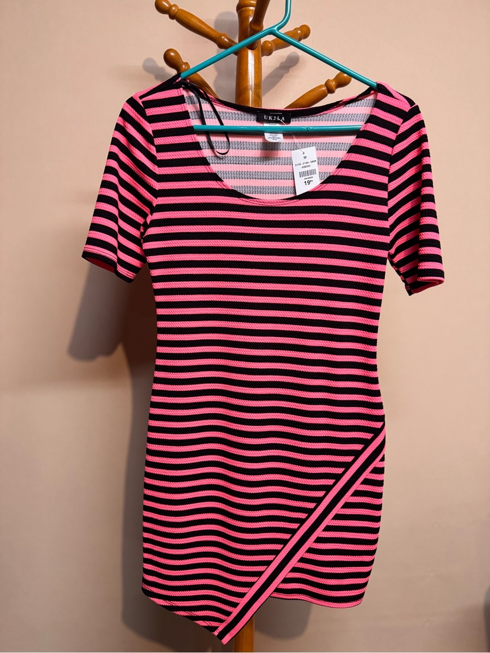 Women’s UK2LA Pink and Black Striped Short Sleeve Dress Size Medium New with Tag